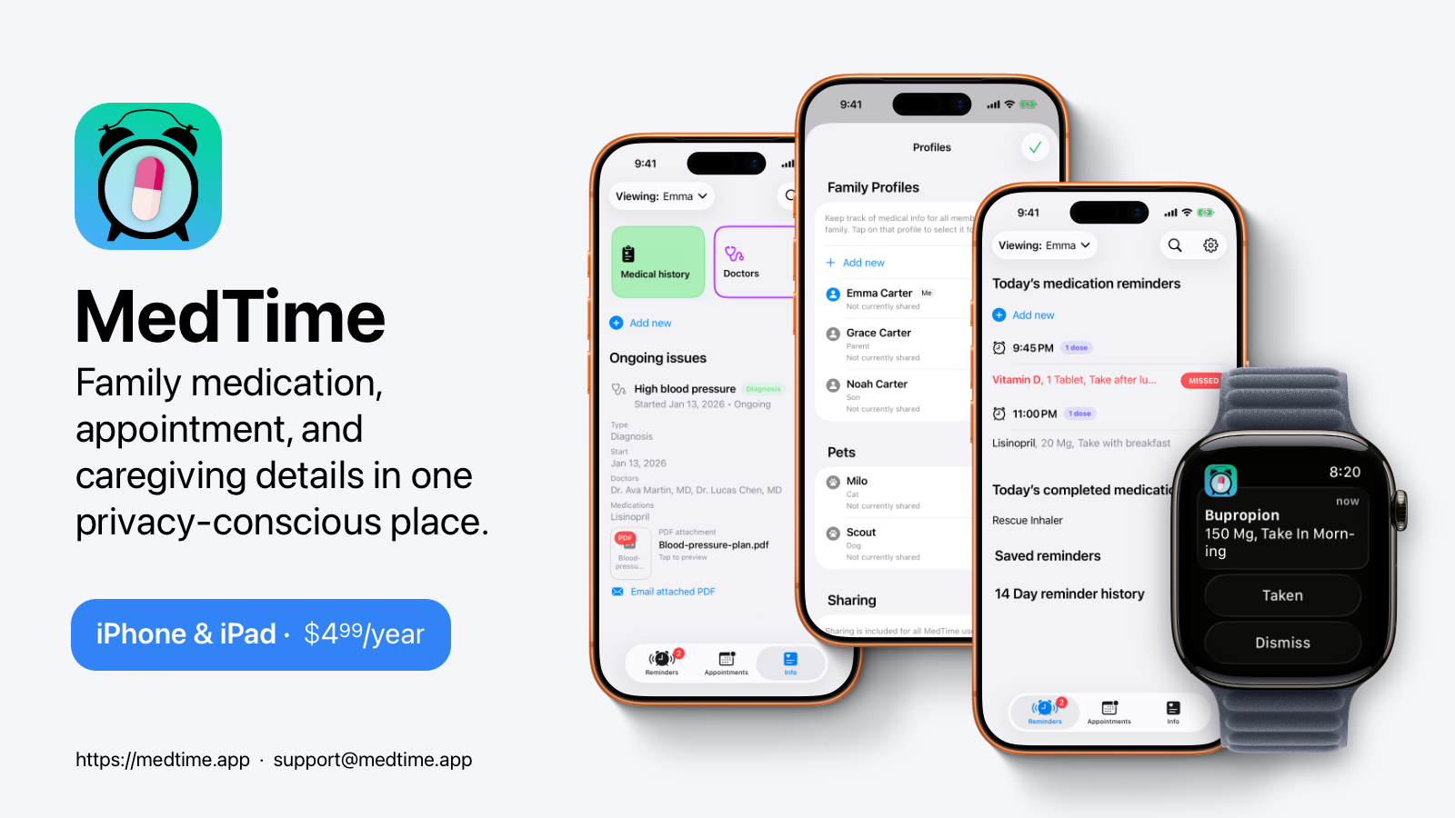 MedTime press hero graphic with app icon, tagline, and iPhone screenshots.