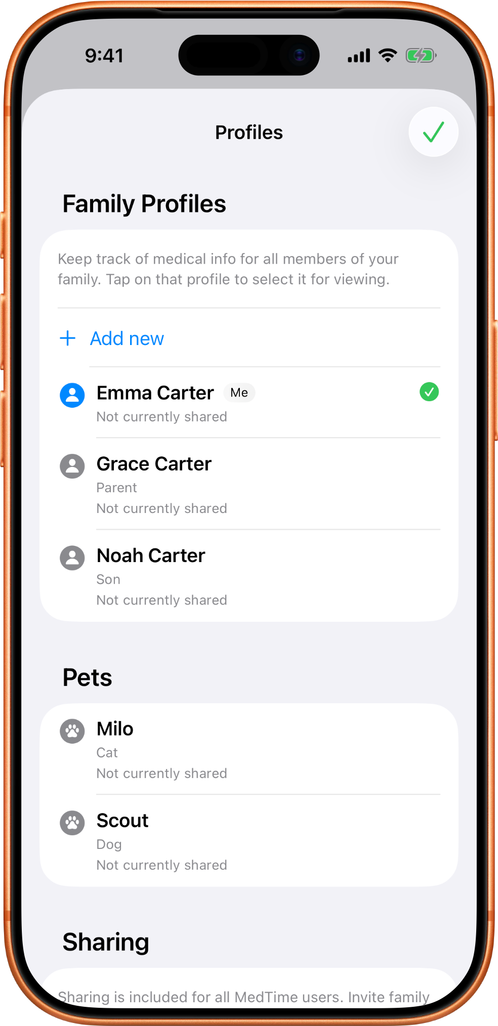 MedTime profiles screen showing family profiles, pet profiles, and sharing controls.