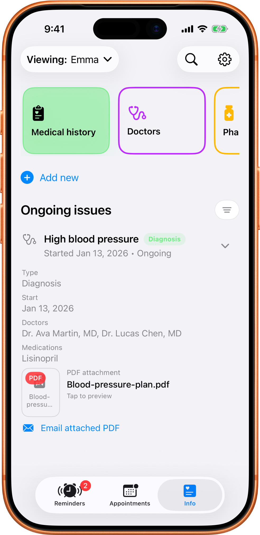 MedTime medical history screen showing an ongoing issue with doctor details, medication details, and an attached PDF record.
