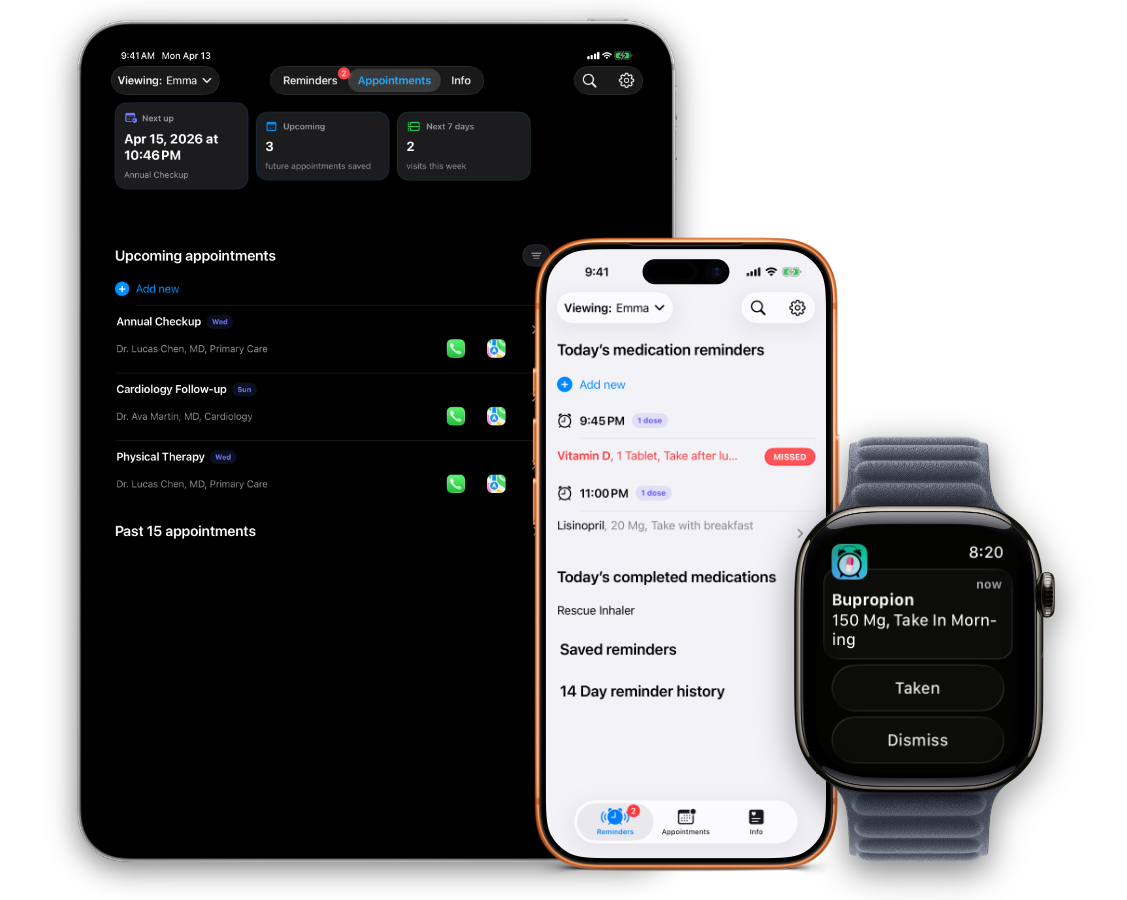 MedTime shown on iPad, iPhone, and Apple Watch with appointment and medication reminder screens.