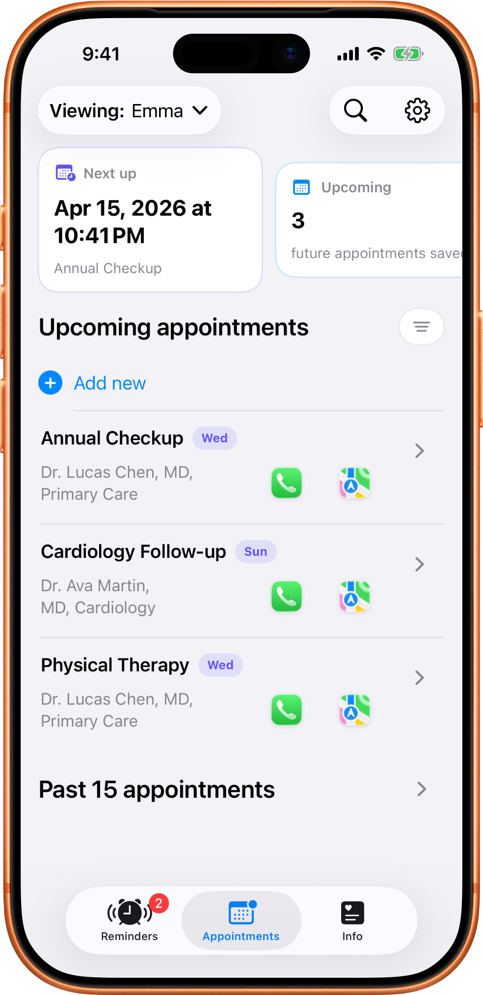 MedTime appointments screen showing upcoming appointments with doctor details, call shortcuts, and map shortcuts.
