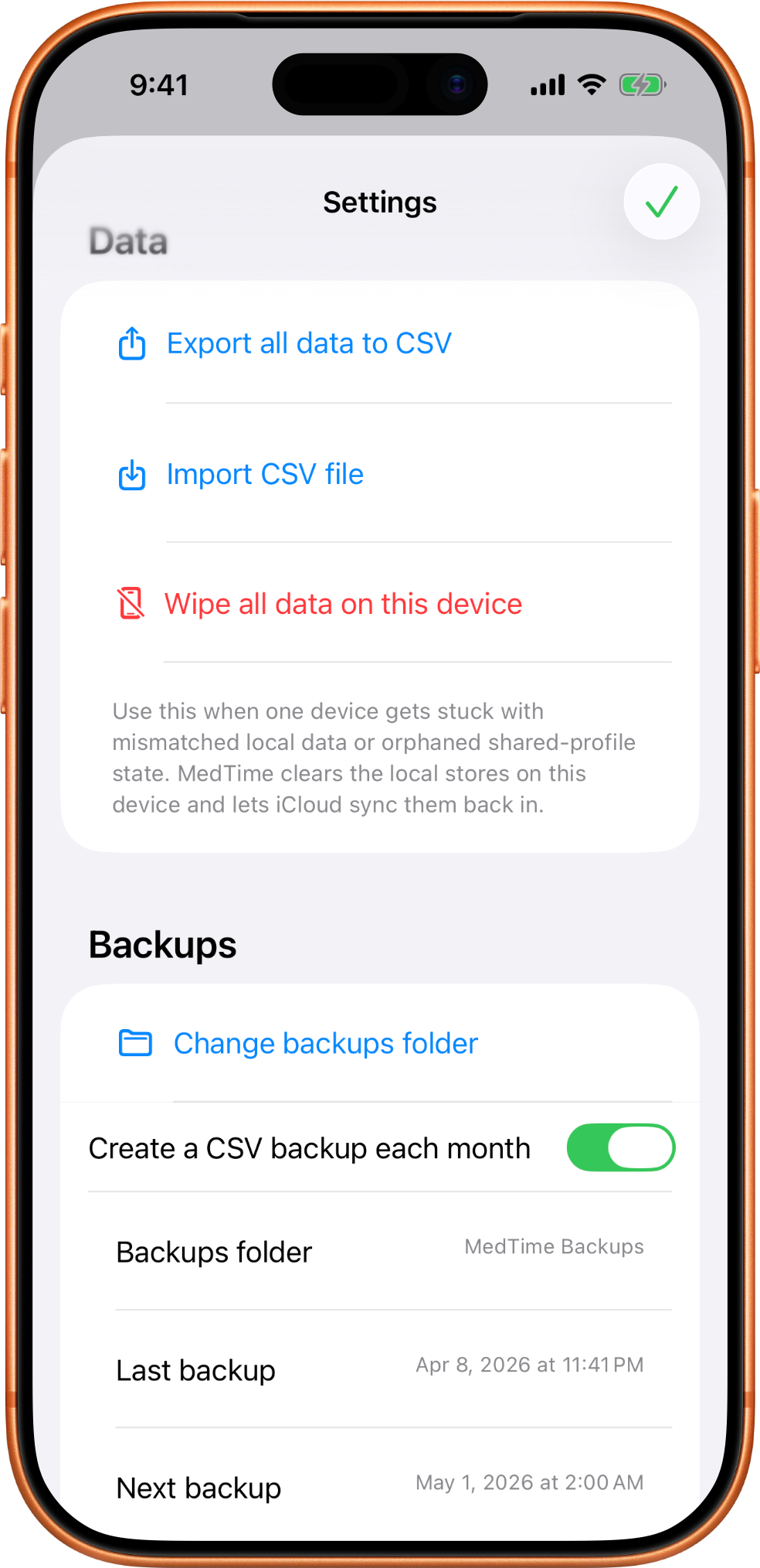 MedTime backup export settings showing the selected CSV backup folder path.