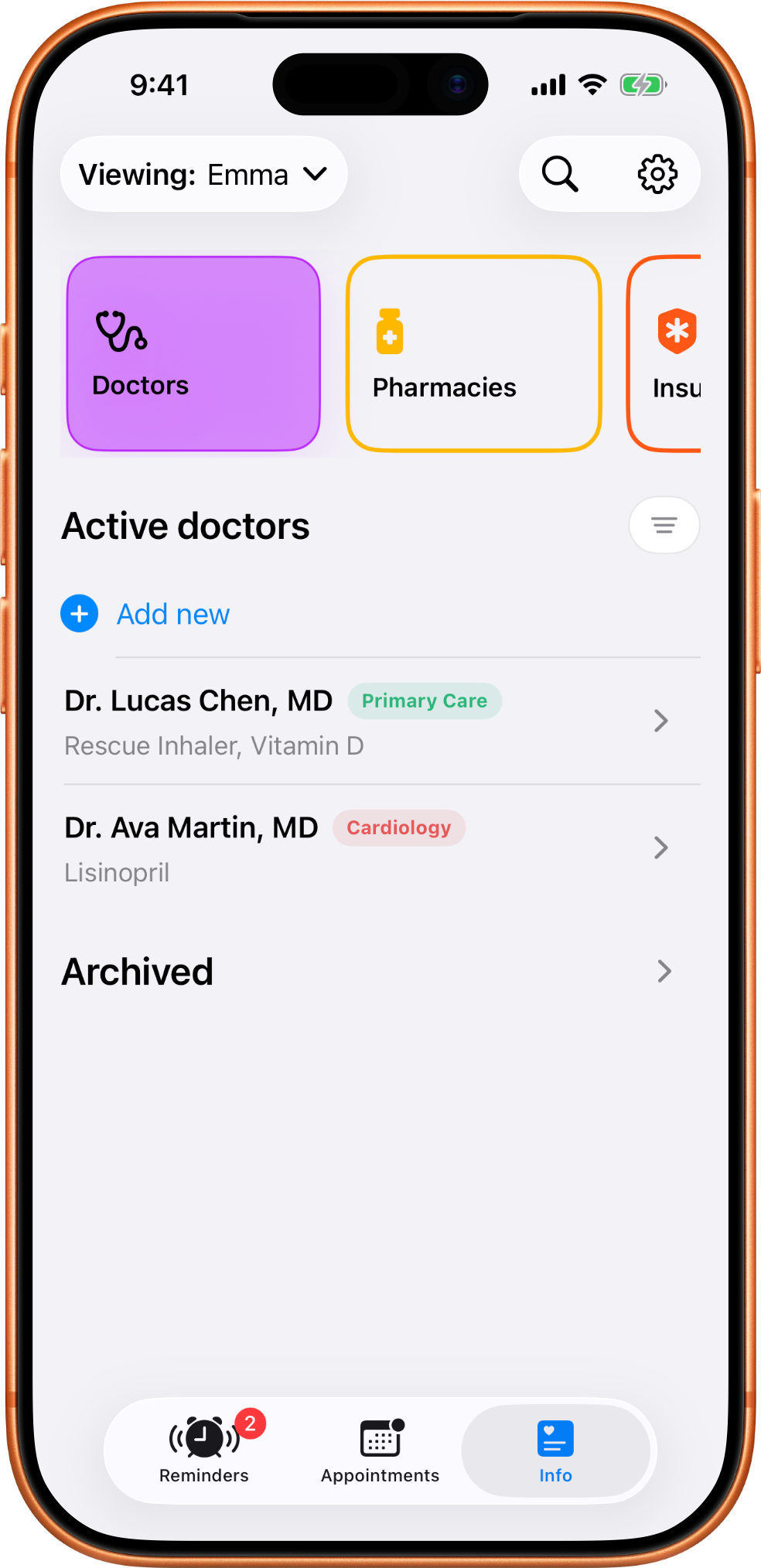MedTime doctors screen listing saved providers and related care information for the selected profile.