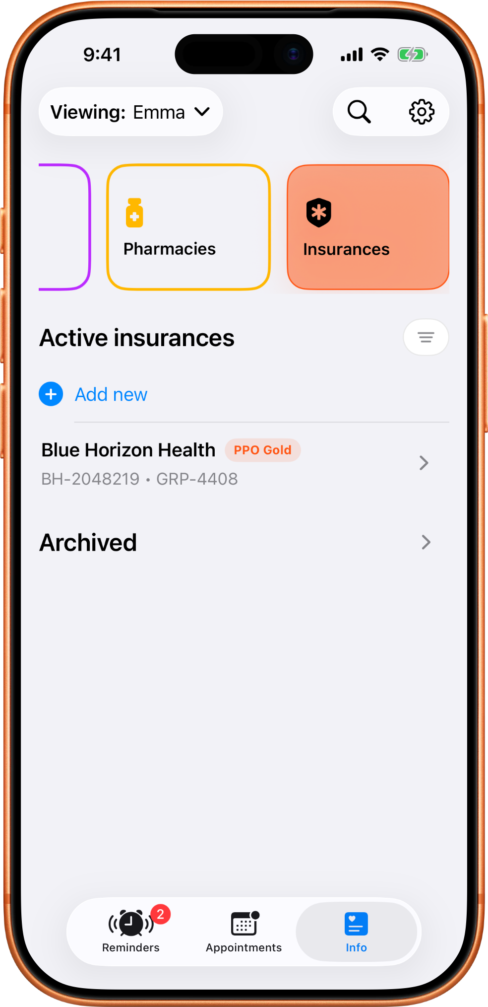 MedTime insurance screen showing a saved insurance record attached to the selected profile.