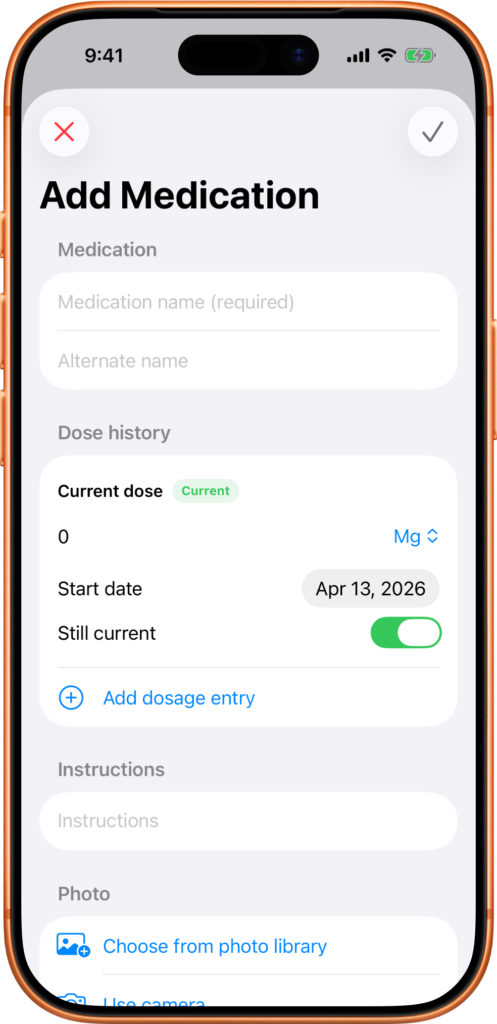 MedTime add medication screen with fields for medication details, dose, instructions, purpose, doctor, pharmacy, insurance, and notes.