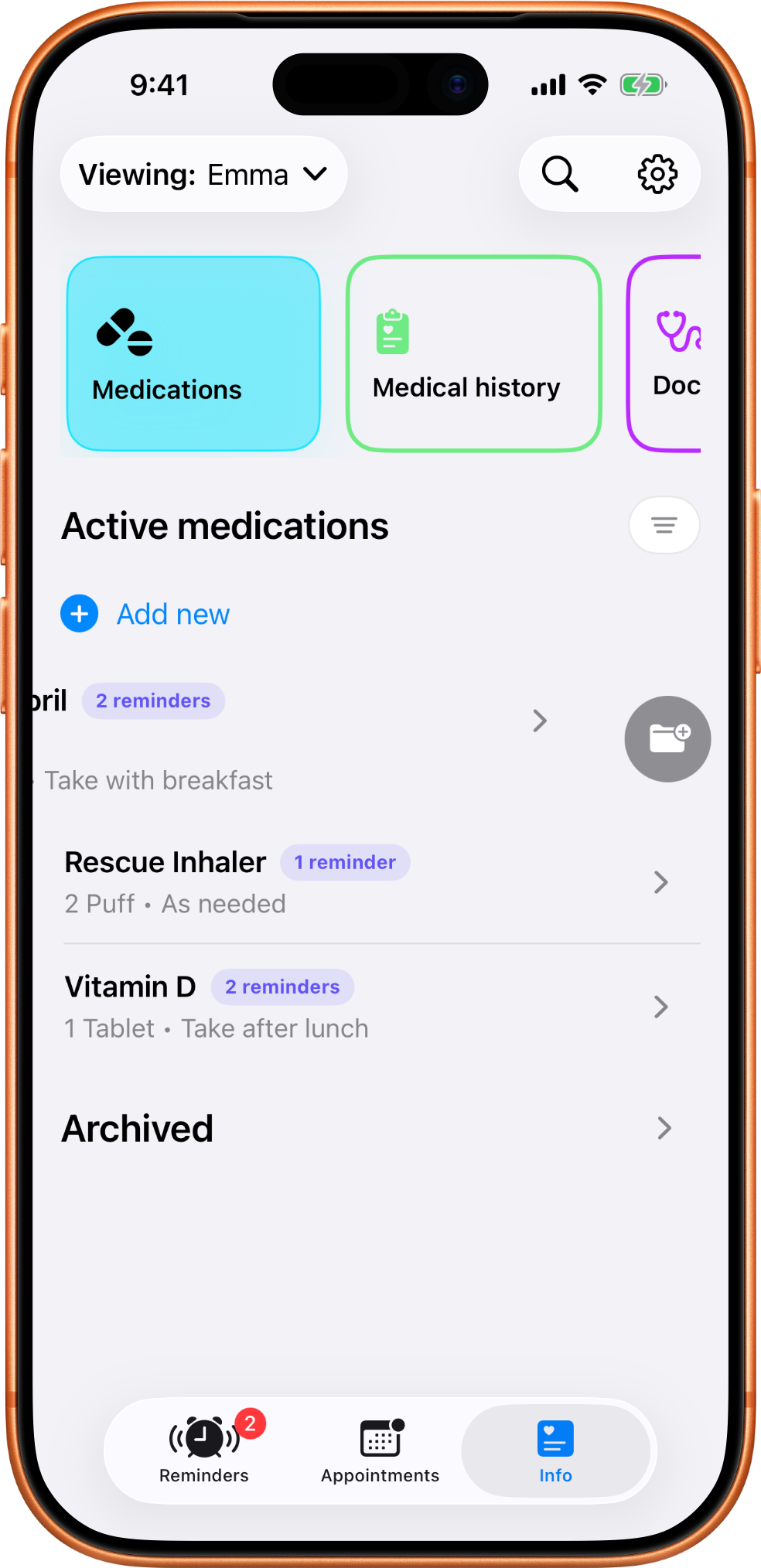 MedTime medication list with a swipe-left action exposing an archive control.