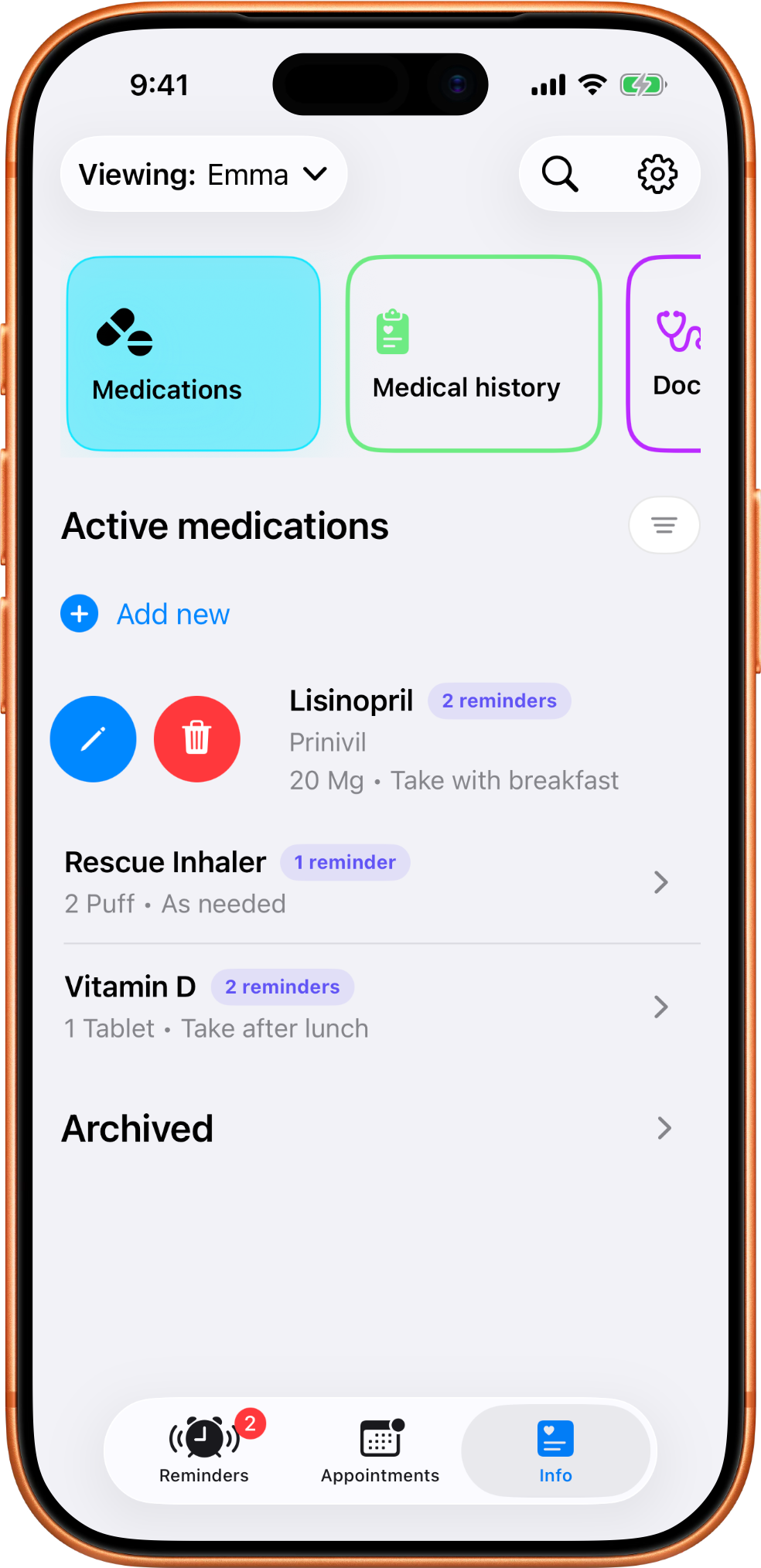 MedTime medication list with a swipe-right action exposing edit and delete controls.
