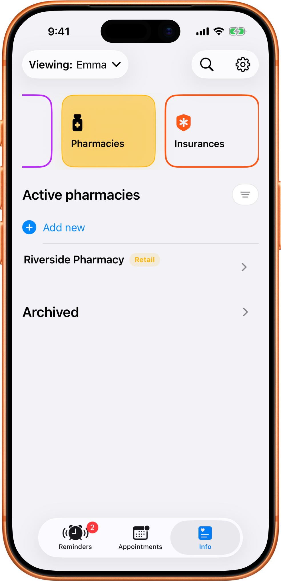 MedTime pharmacies screen showing a saved pharmacy contact for the current profile.
