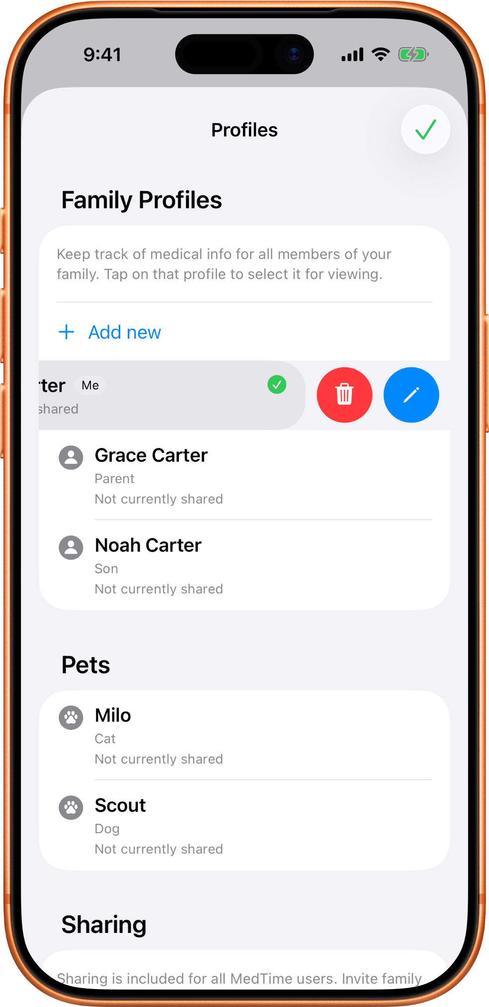 MedTime profiles screen with a profile row swiped to reveal edit and delete actions.