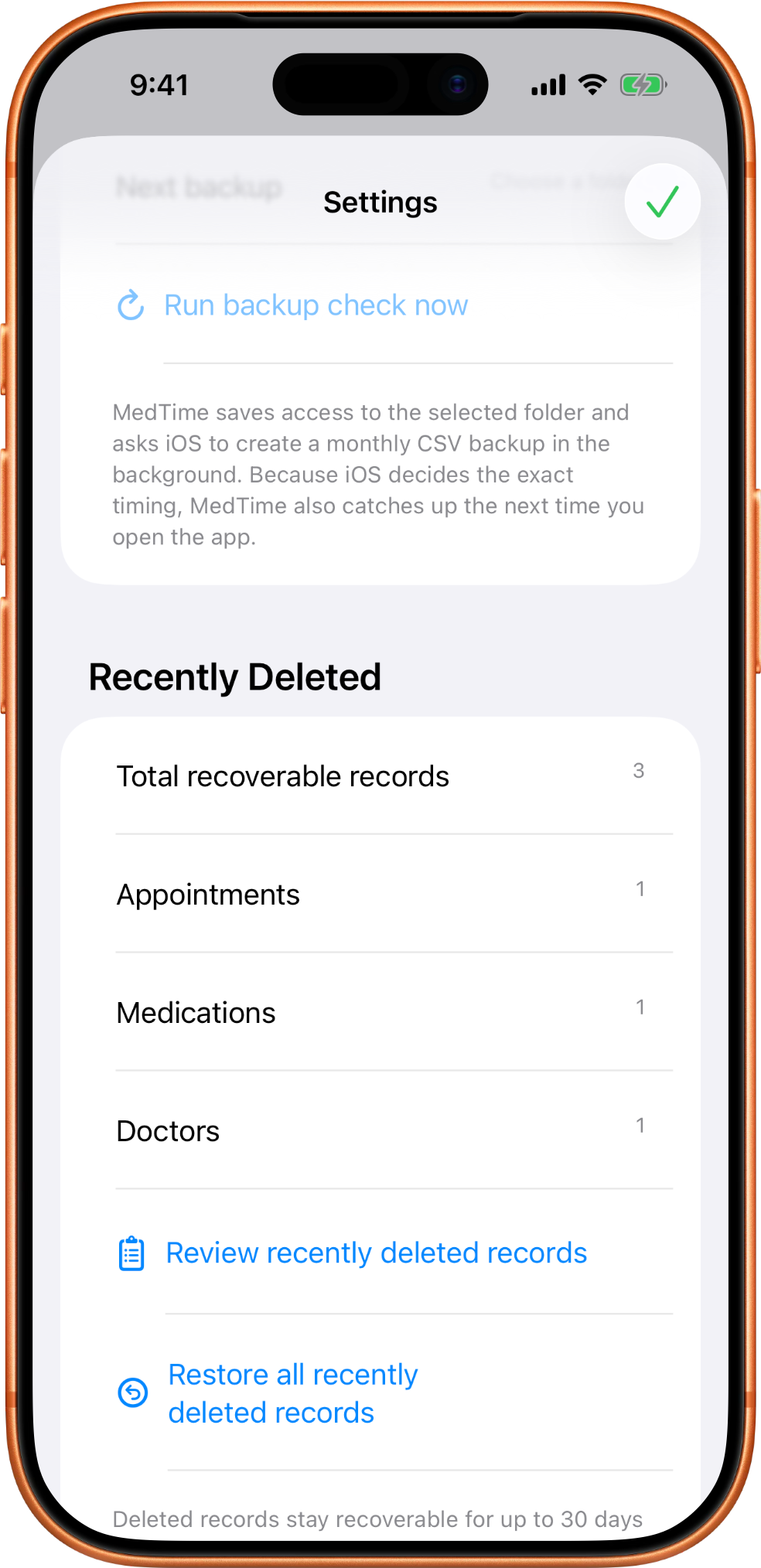 MedTime recently deleted settings area showing recoverable deleted records.