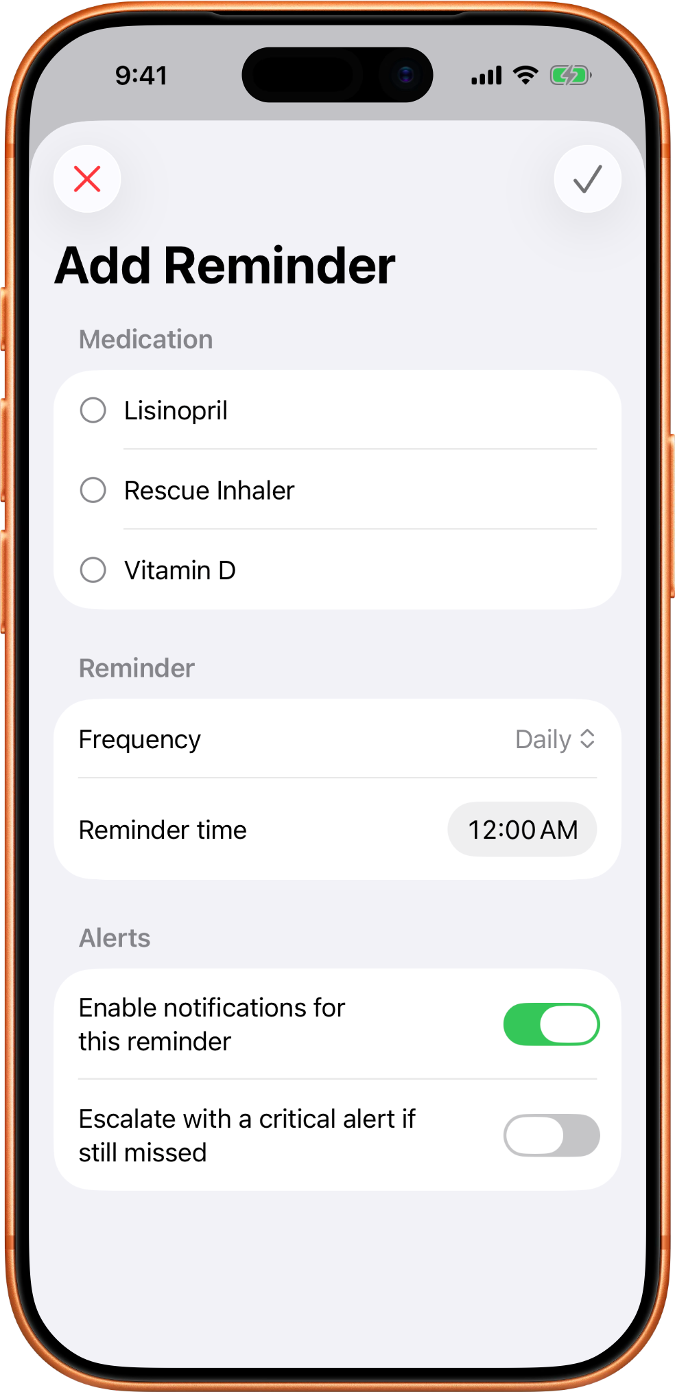 MedTime add reminder screen showing medication selection, frequency, reminder time, notifications, and critical alert options.