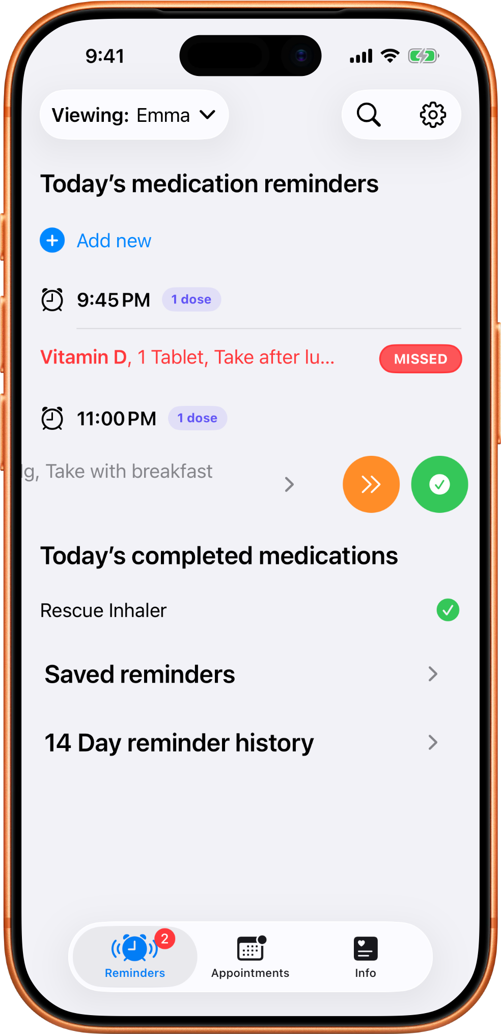 MedTime reminder row revealed with swipe actions for quickly marking a dose as taken or skipped.