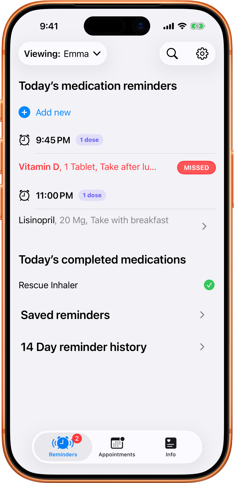 MedTime reminders screen showing today's medications, one missed reminder, and completed medications for the selected profile.