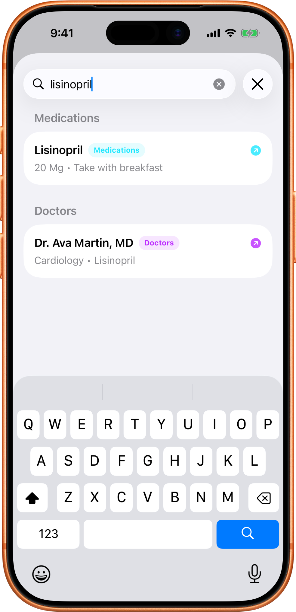 MedTime search screen showing results for a medication and related doctor record.