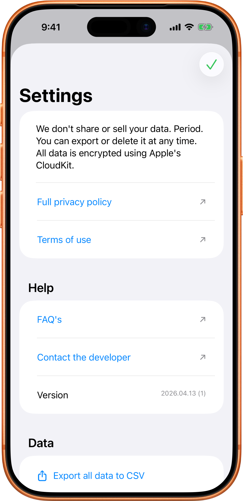 MedTime settings screen with privacy, help, version, and data sections.