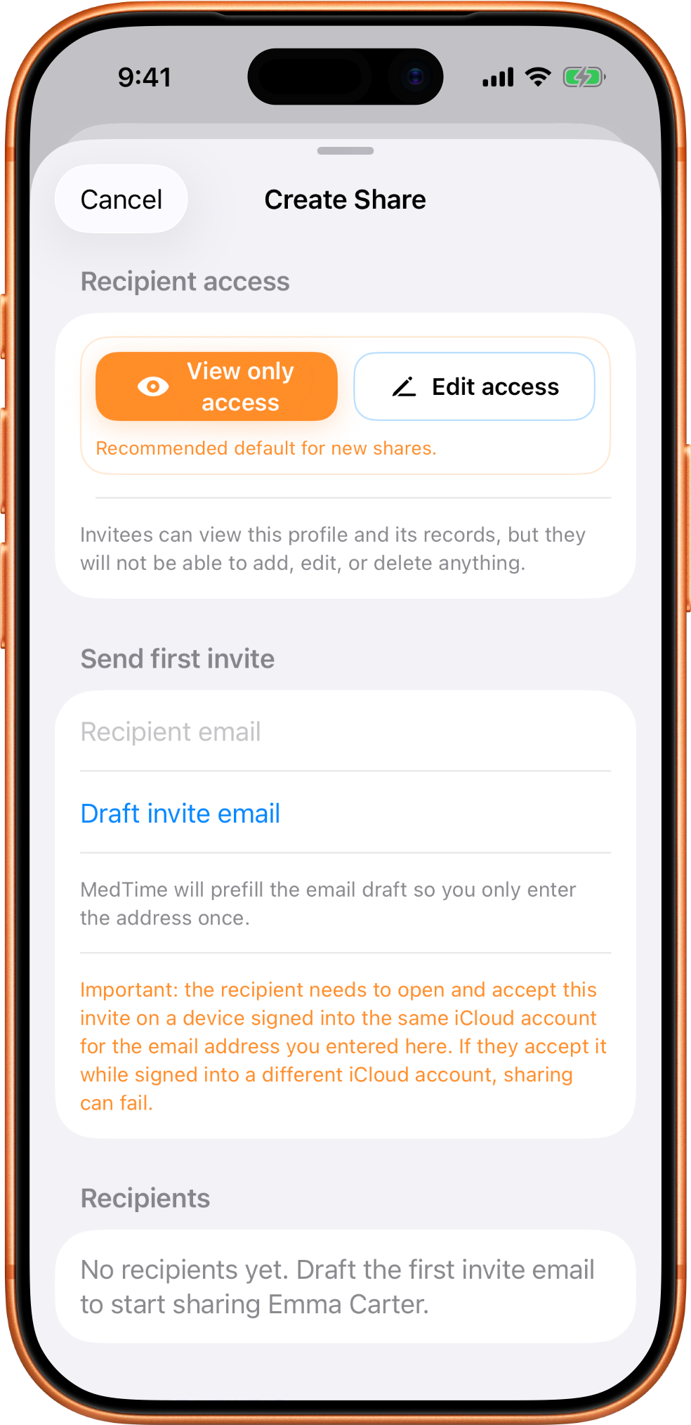 MedTime create-share screen showing the choice between view-only access and edit access for a recipient.