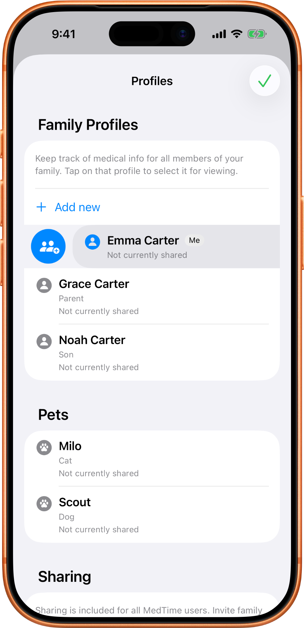 MedTime create profile share screen for entering a recipient email address.