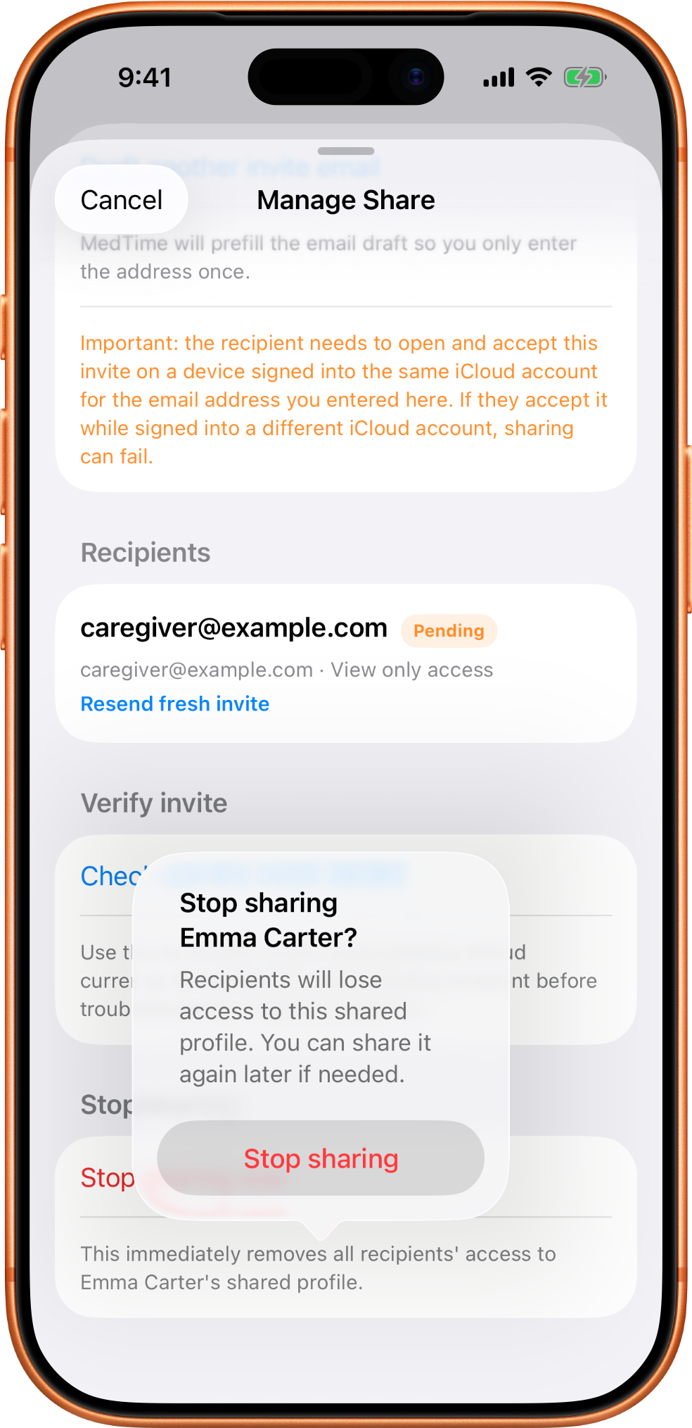 MedTime stop sharing screen showing controls for ending access to a shared profile.